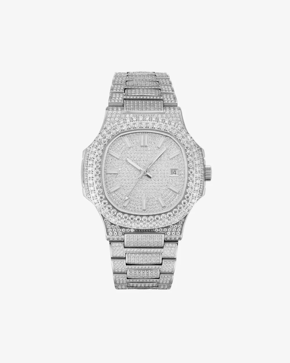 41mm Silver Iced-Out VVS Moissanite Rounded Octagonal Watch | Solid Stainless Steel Hip-Hop Timepiece