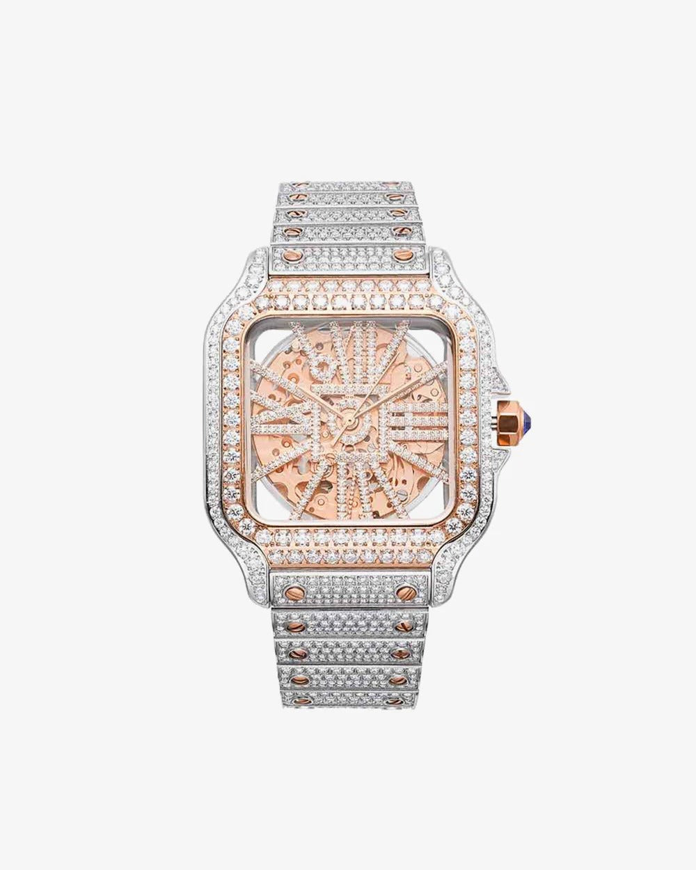 Elite 41mm Two-Tone Iced-Out VVS Moissanite Square Skeleton Watch | Rose Gold Accent Stainless Steel Hip-Hop Timepiece