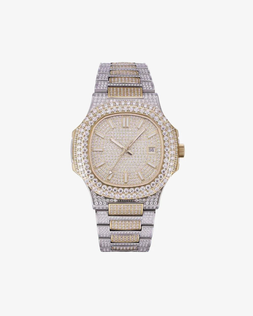 Elite 41mm Two-Tone Iced-Out VVS Moissanite Rounded Octagonal Watch | Yellow Gold Accent Stainless Steel Hip-Hop Timepiece