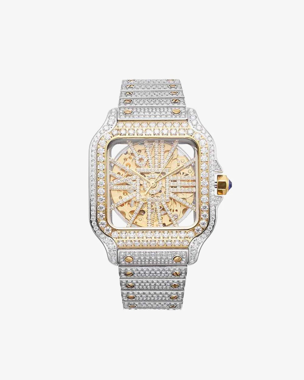 Elite 41mm Two-Tone Iced-Out VVS Moissanite Square Skeleton Watch | Yellow Gold Accent Stainless Steel Hip-Hop Timepiece