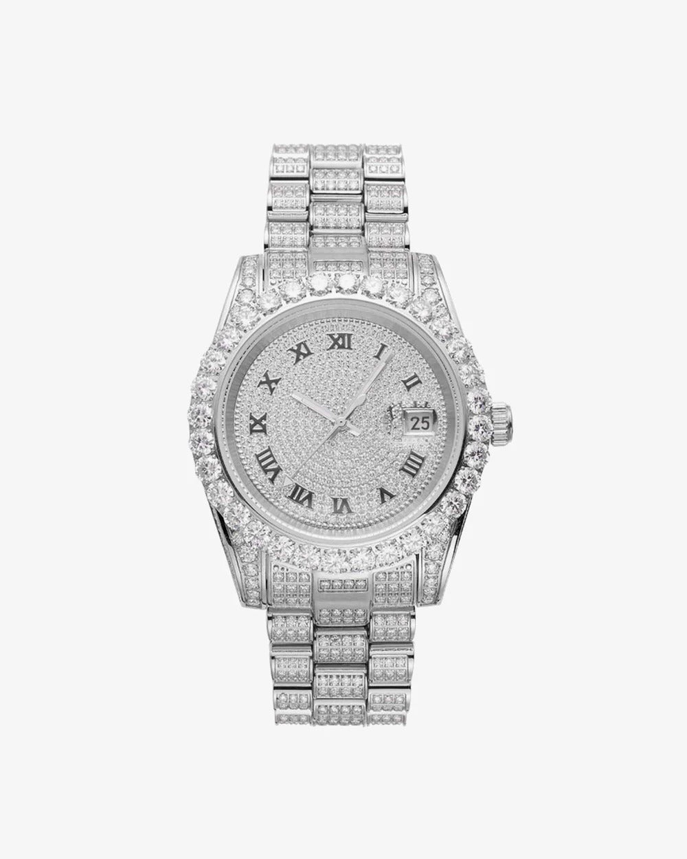 Premium 41mm Silver Iced-Out VVS Moissanite Watch | Solid Stainless Steel Hip-Hop Timepiece with Roman Numeral Pavé Dial