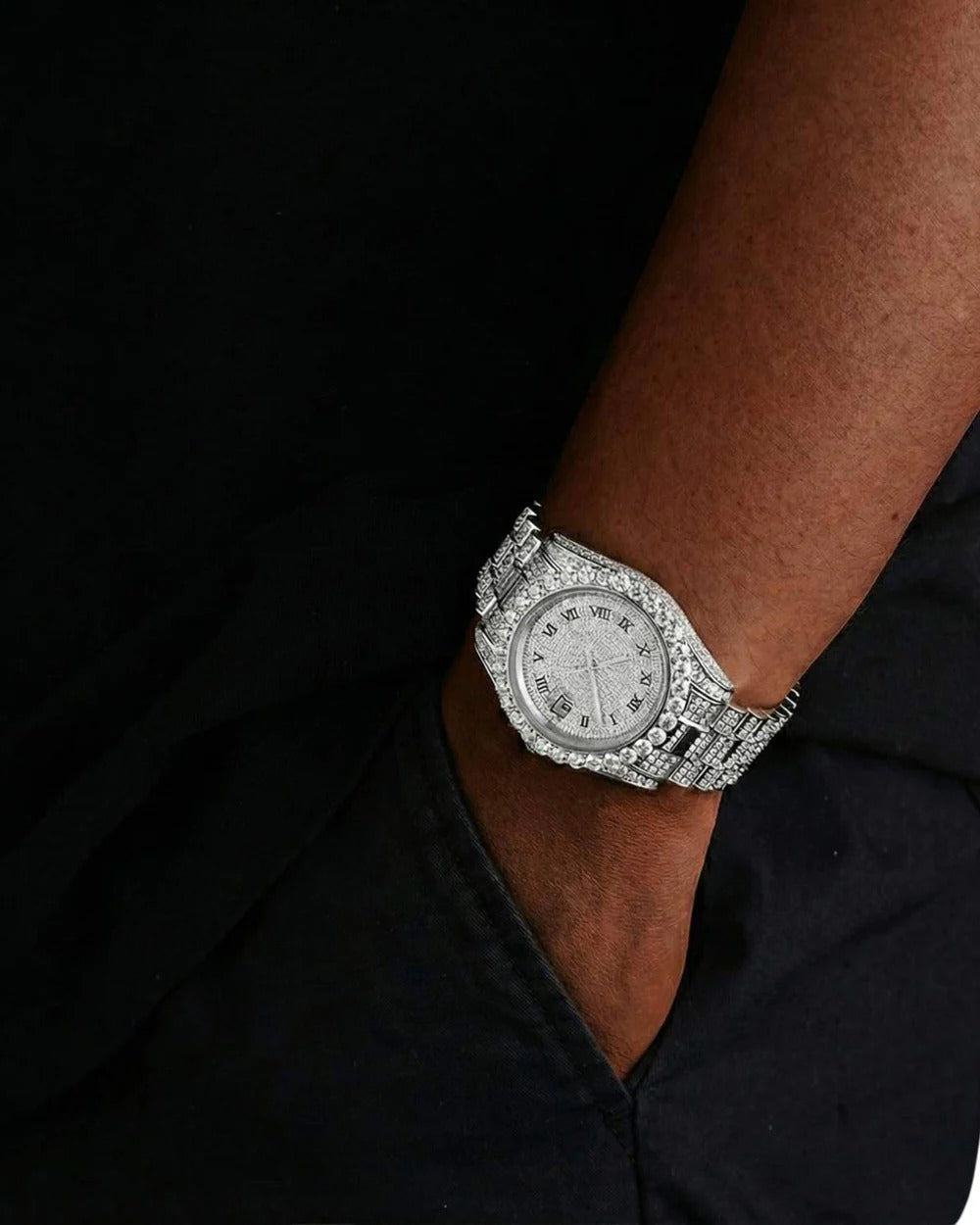 Premium 41mm Silver Iced-Out VVS Moissanite Watch | Solid Stainless Steel Hip-Hop Timepiece with Roman Numeral Pavé Dial
