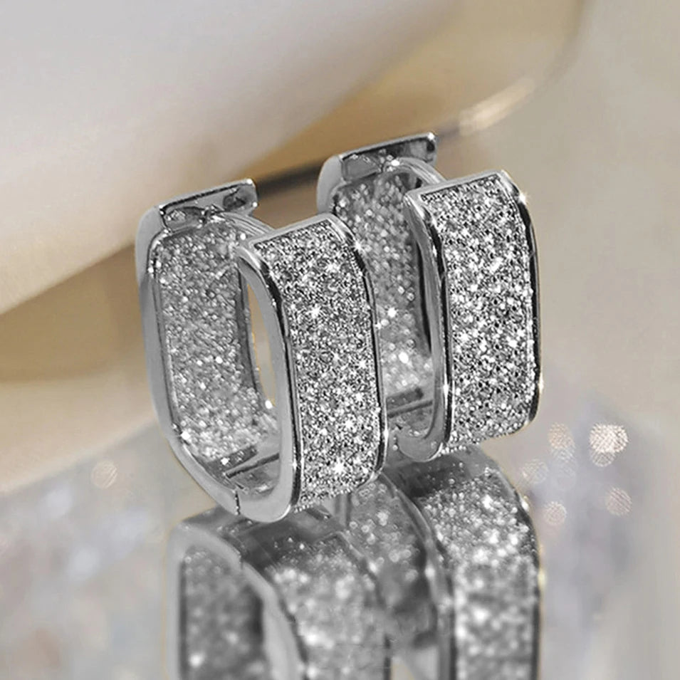 Luxurious Iced-Out Rectangular Moissanite Huggie Earrings | 925 Sterling Silver Micro-Pavé Hip-Hop Hoop Studs