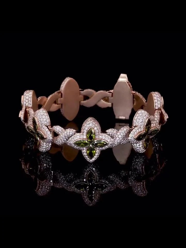 Men's Marquise Cut Green Peridot Four-Leaf Clover Bracelet, Infinity Link Bracelet