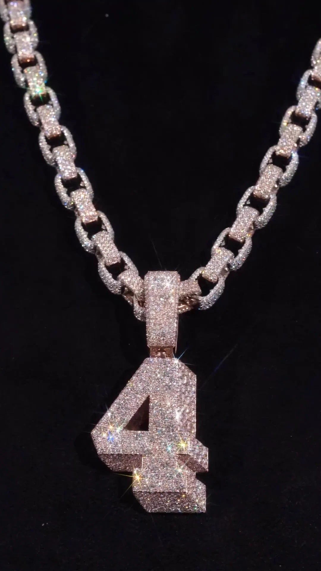 925 Silver Iced Out Chain Set with Mosaic 4 Number Pendant, 10mm Iced Out Rolo Chain