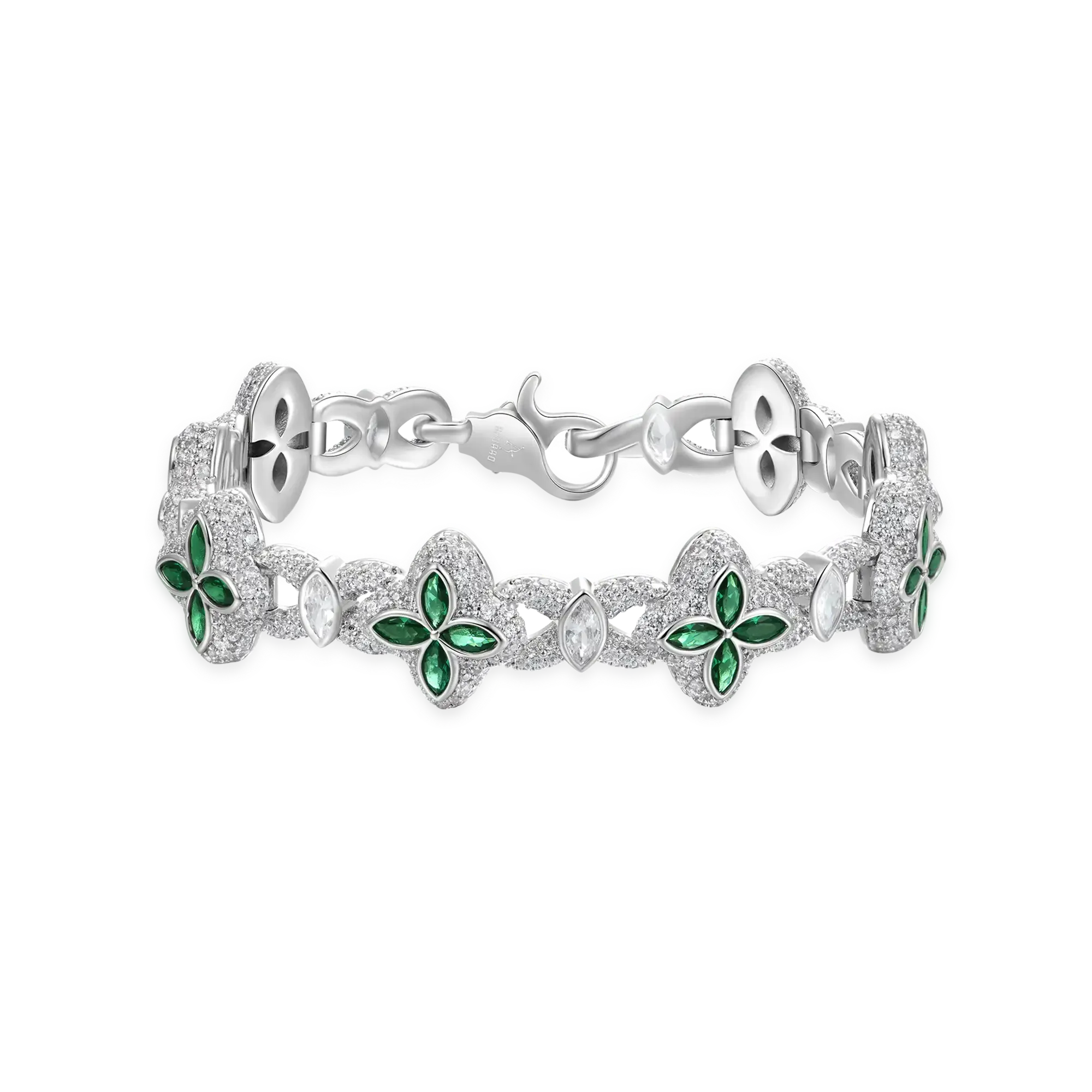 Luxury Clover-Link Bracelet Emerald Green Accents & Moissanite Detailing