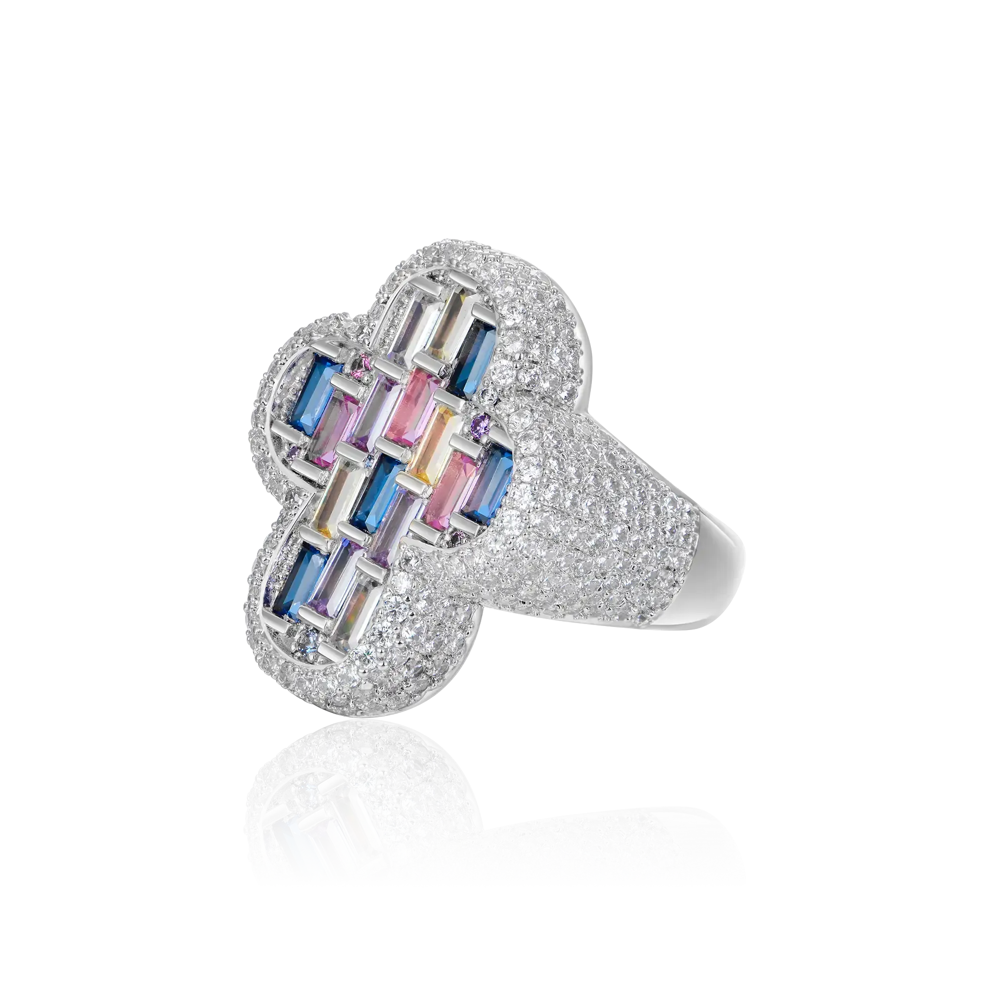 Luxury Mosaic Baguette Cluster Ring White Gold Finish