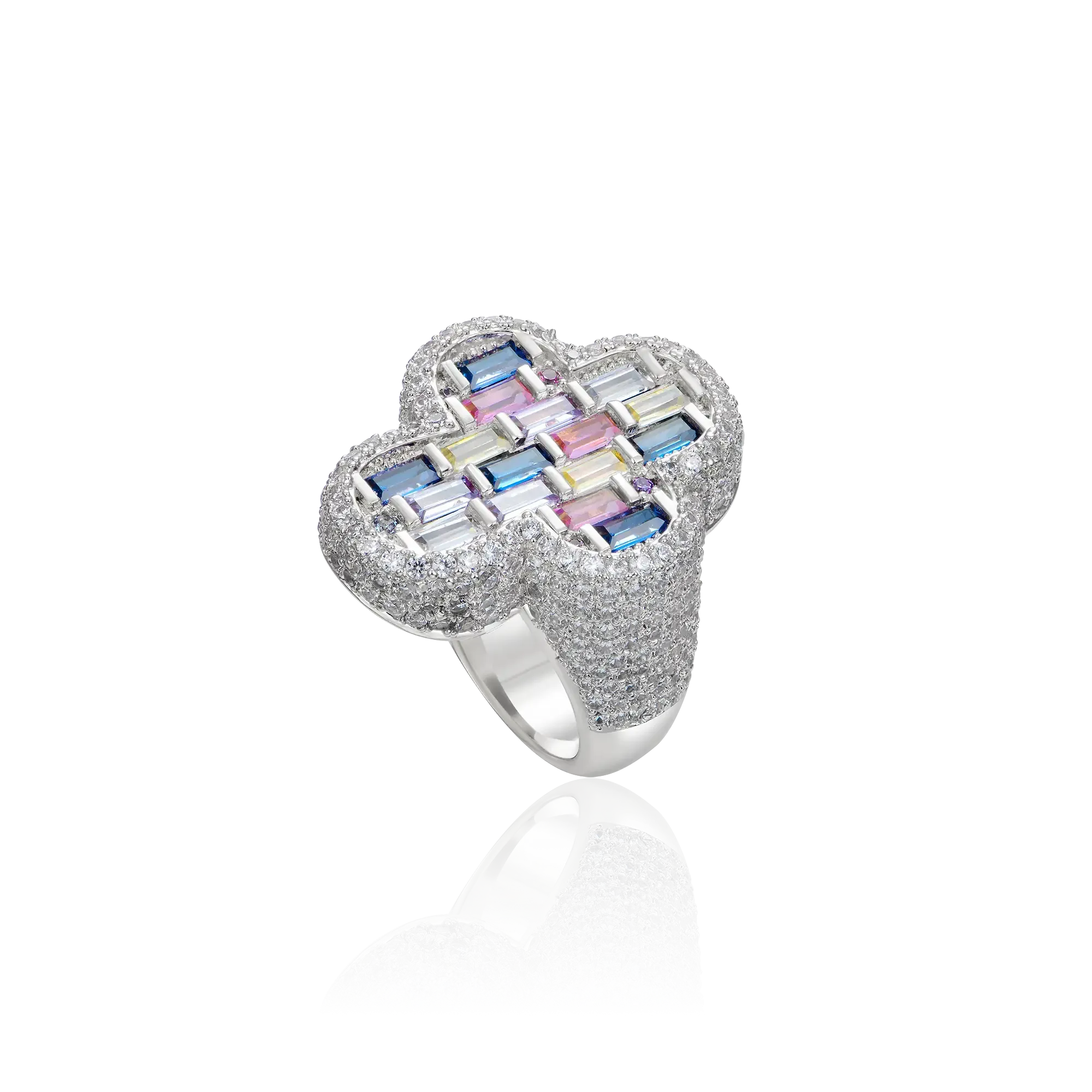 Luxury Mosaic Baguette Cluster Ring White Gold Finish