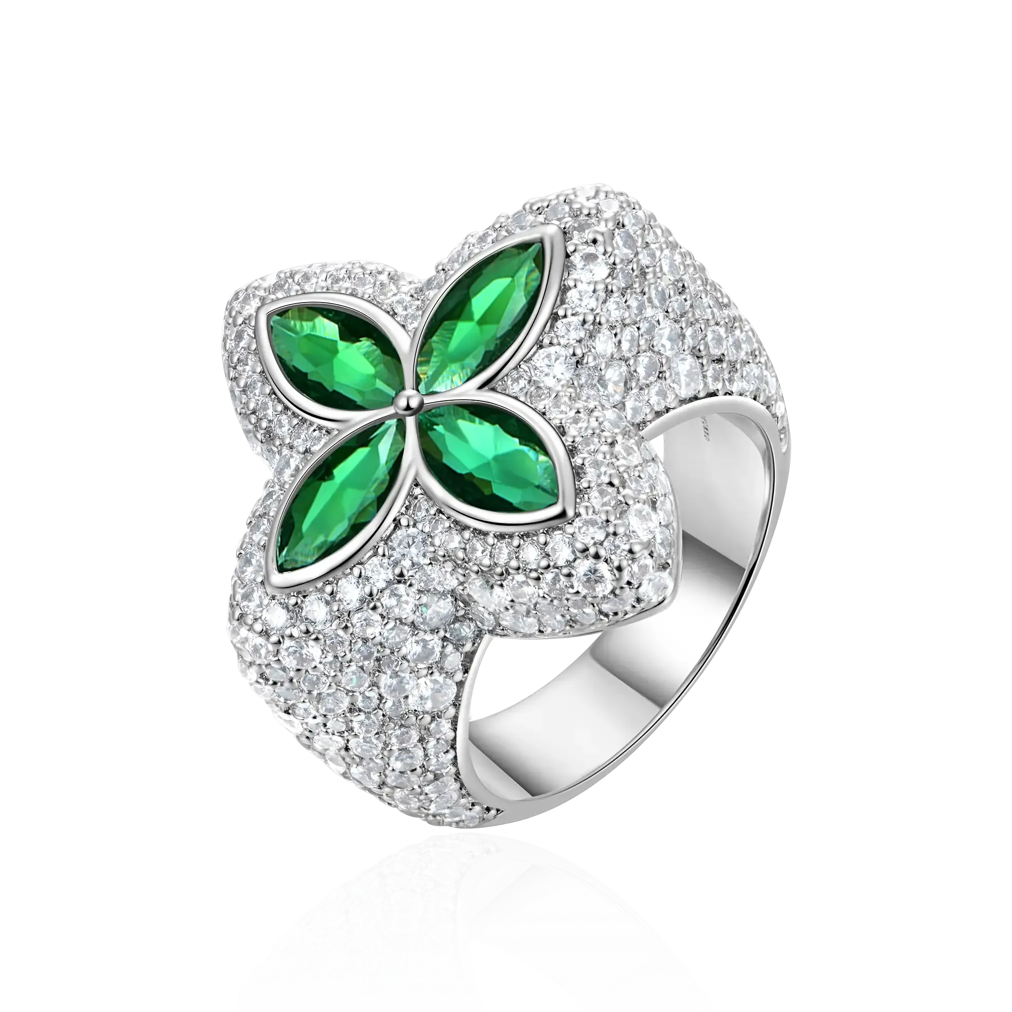 Luxury Emerald Blossom Ring Fully Iced Pavé Setting