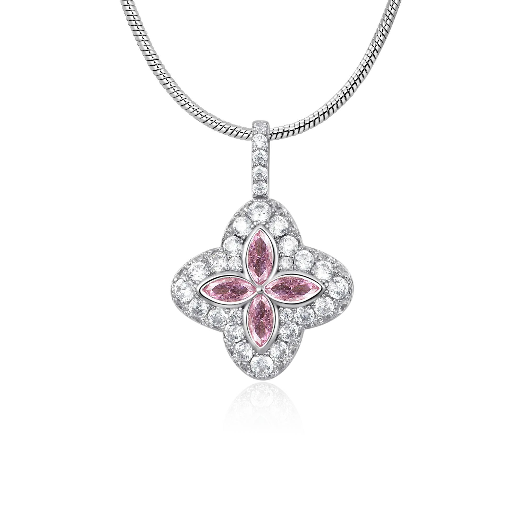 Luxury Pink Floral Pendant Necklace Silver Finish